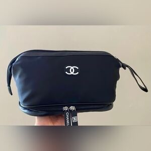 CHANEL Black Toiletry Cosmetic Make Up Bag Pouch